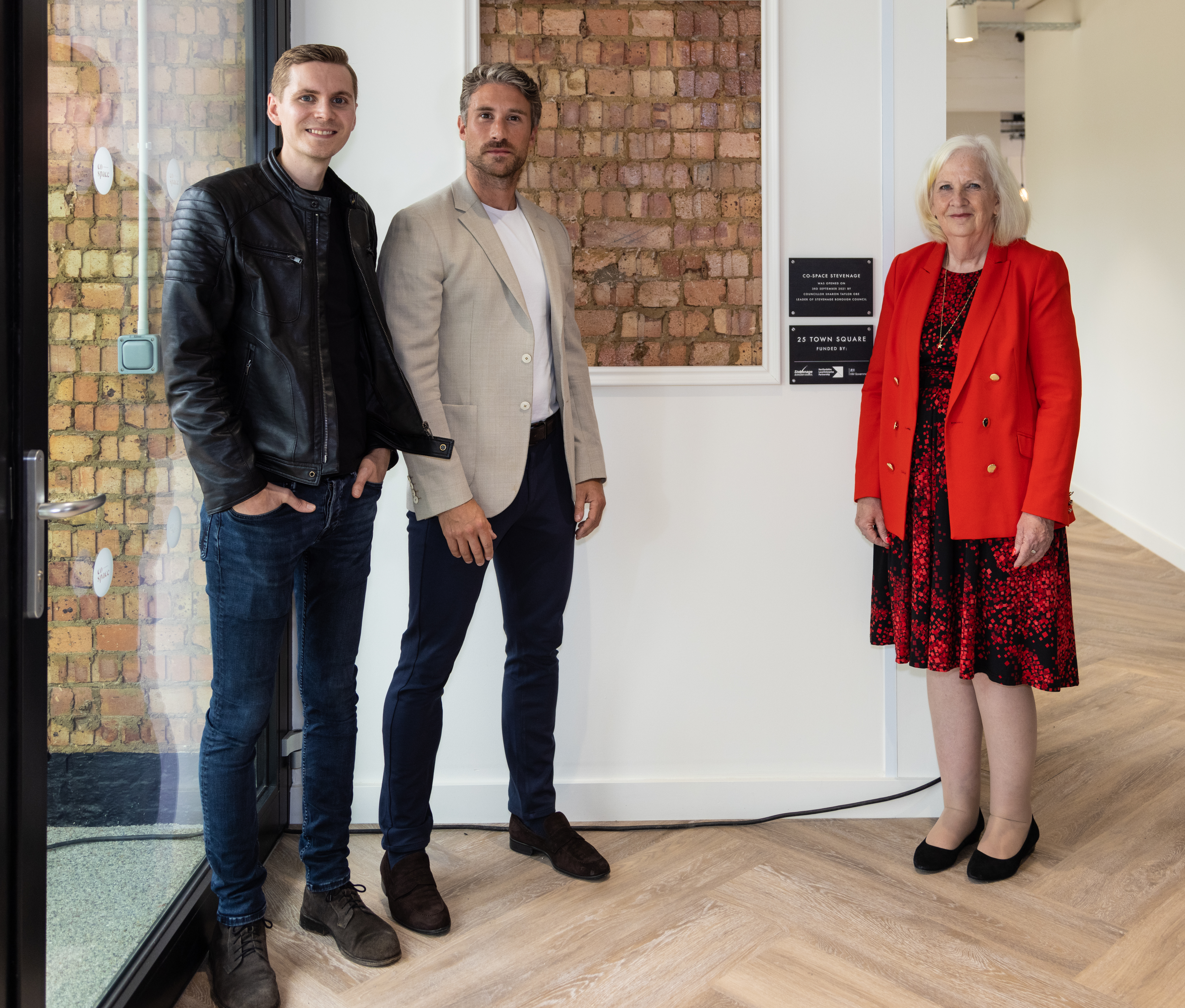 (l to r) Co-Space co-founders William Stokes and Alistair Thomas; Cllr Sharon Taylor OBE, Leader, Stevenage Borough Council
