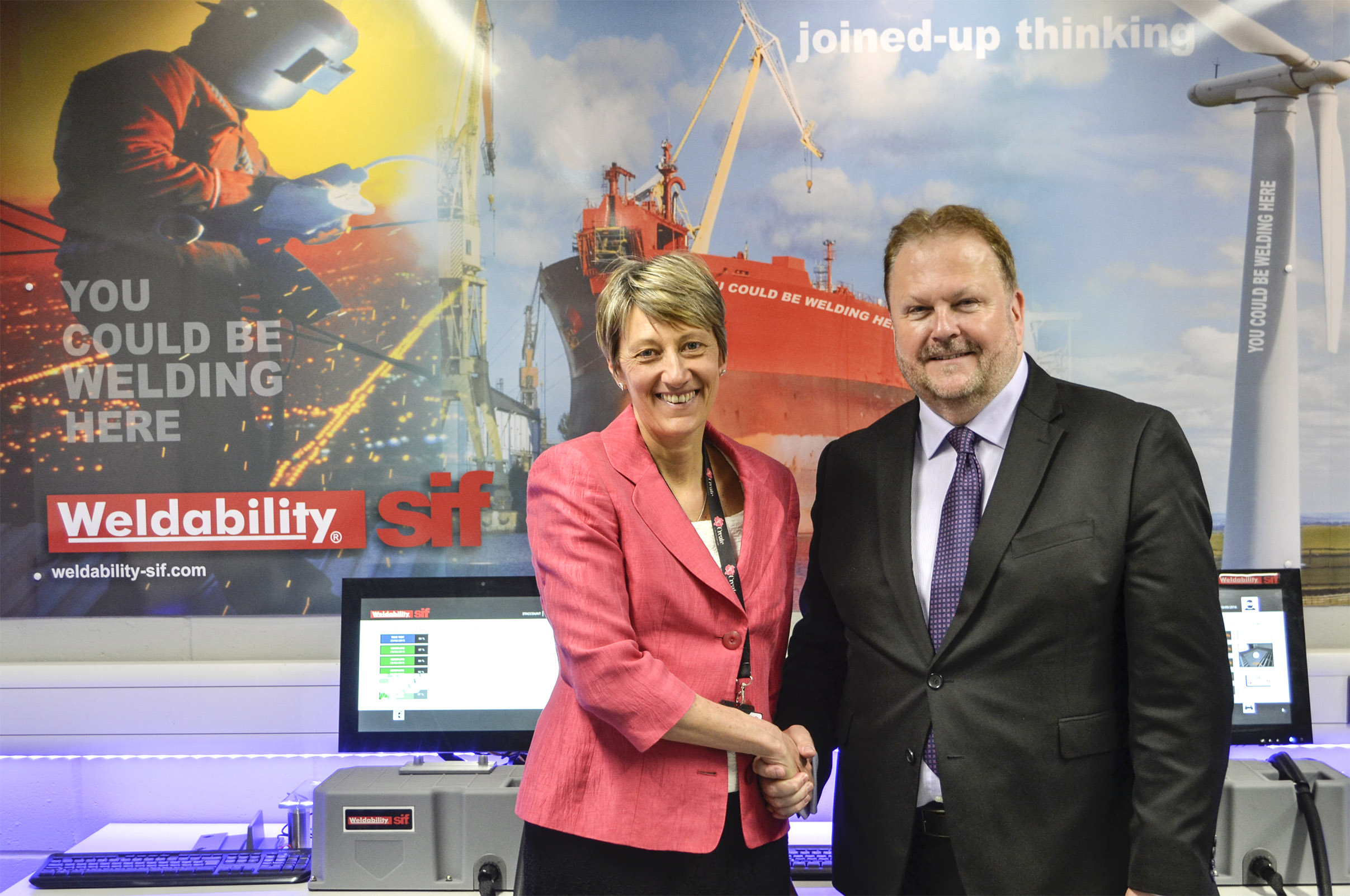 West Herts College principal Gill Worgan with Weldability-SIF founder Adrian Hawkins OBE
