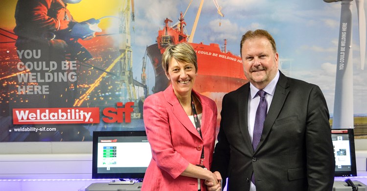 West Herts College principal Gill Worgan with Weldability-SIF founder Adrian Hawkins OBE