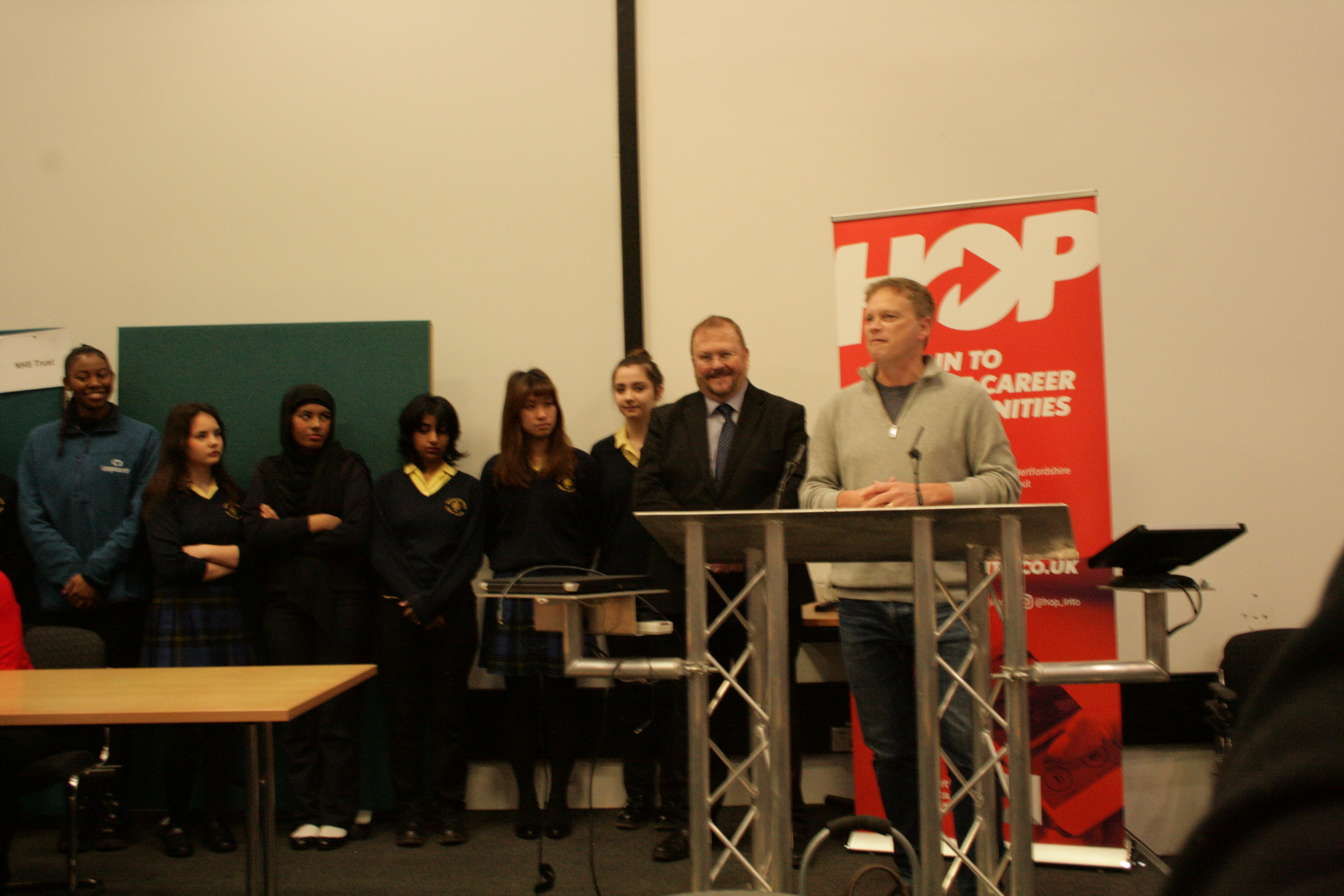 Rt. Hon Grant Shapps MP and Adrian Hawkins OBE open the fair. Joined by local schools students