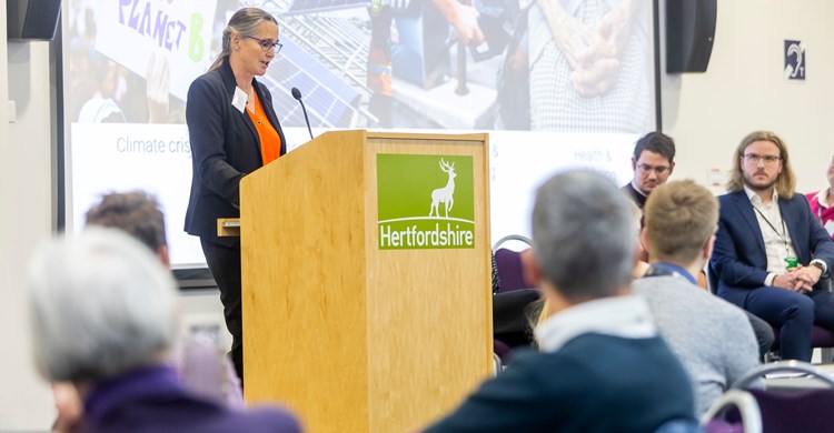Hertfordshire LEP's Clean Growth Manager Helen Pollock speaks at the event