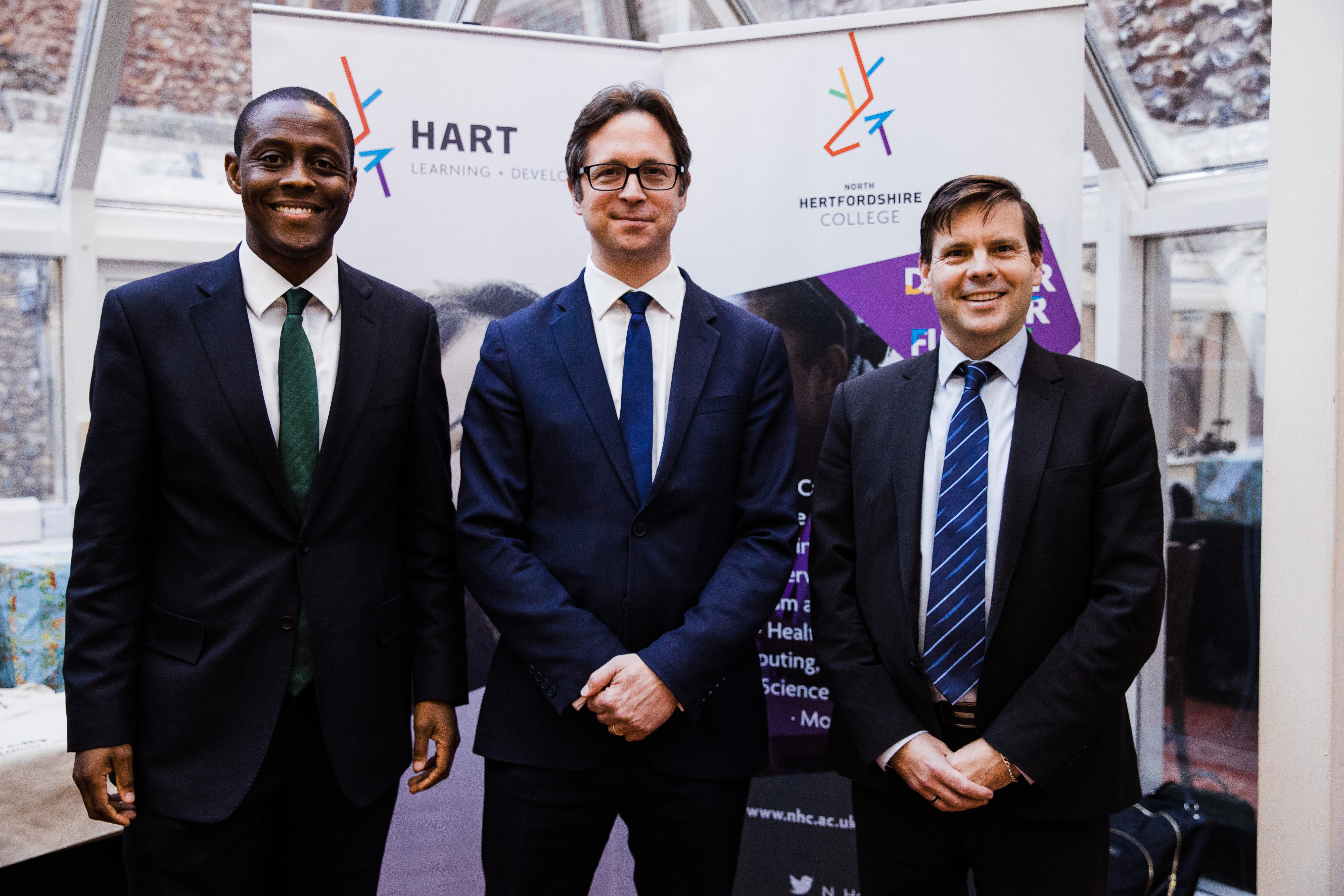 Bim Afolami, MP for Hitchin and Harpenden, Minister for Skills Alex Burghart and Kit Davies, CEO and Principal North Hertfordshire College