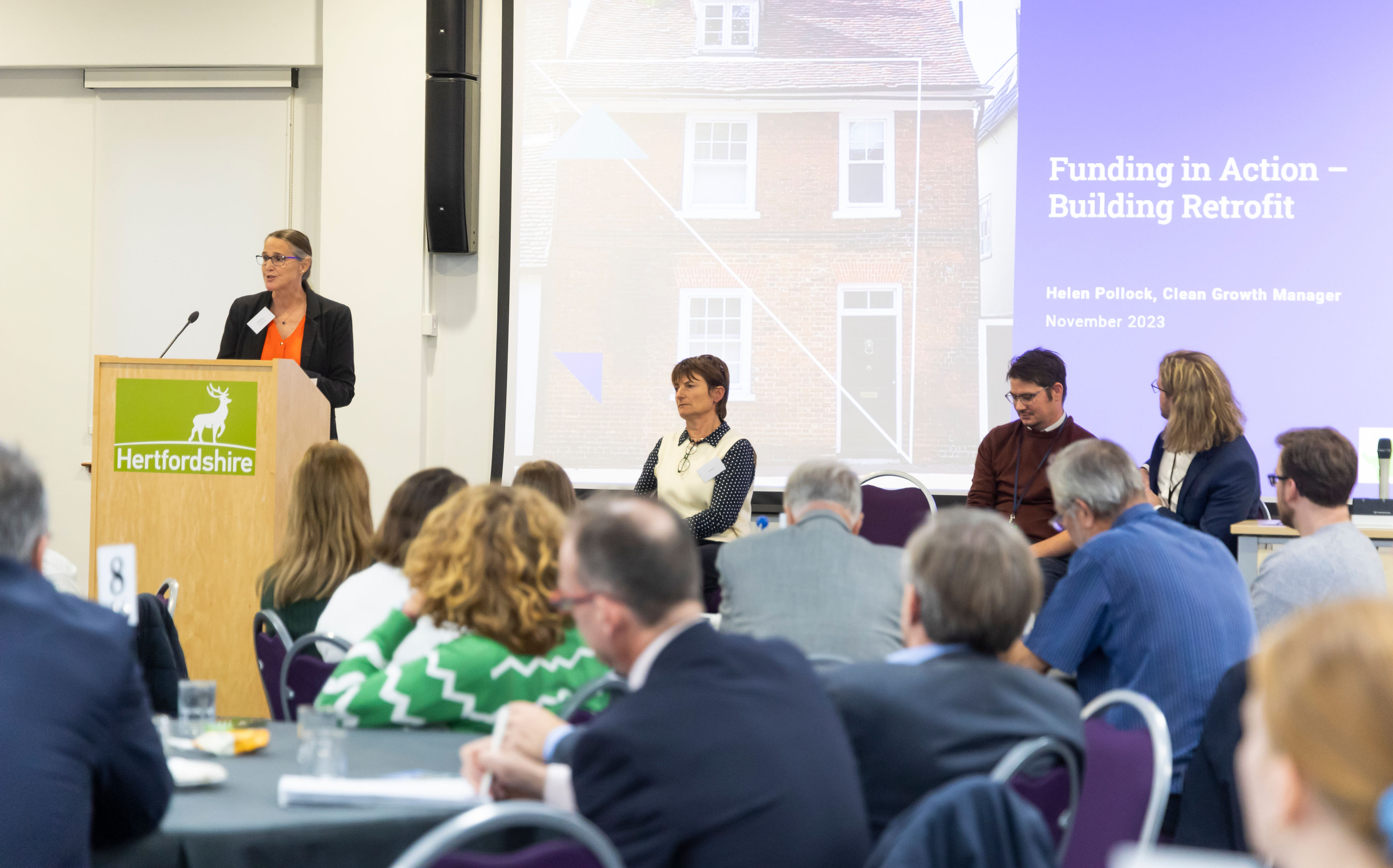 Hertfordshire LEP's Clean Growth Manager Helen Pollock speaks at the event