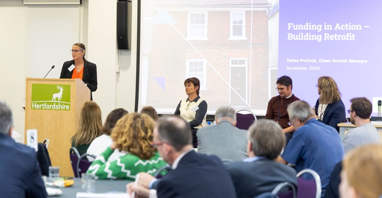 Hertfordshire LEP's Clean Growth Manager Helen Pollock speaks at the event