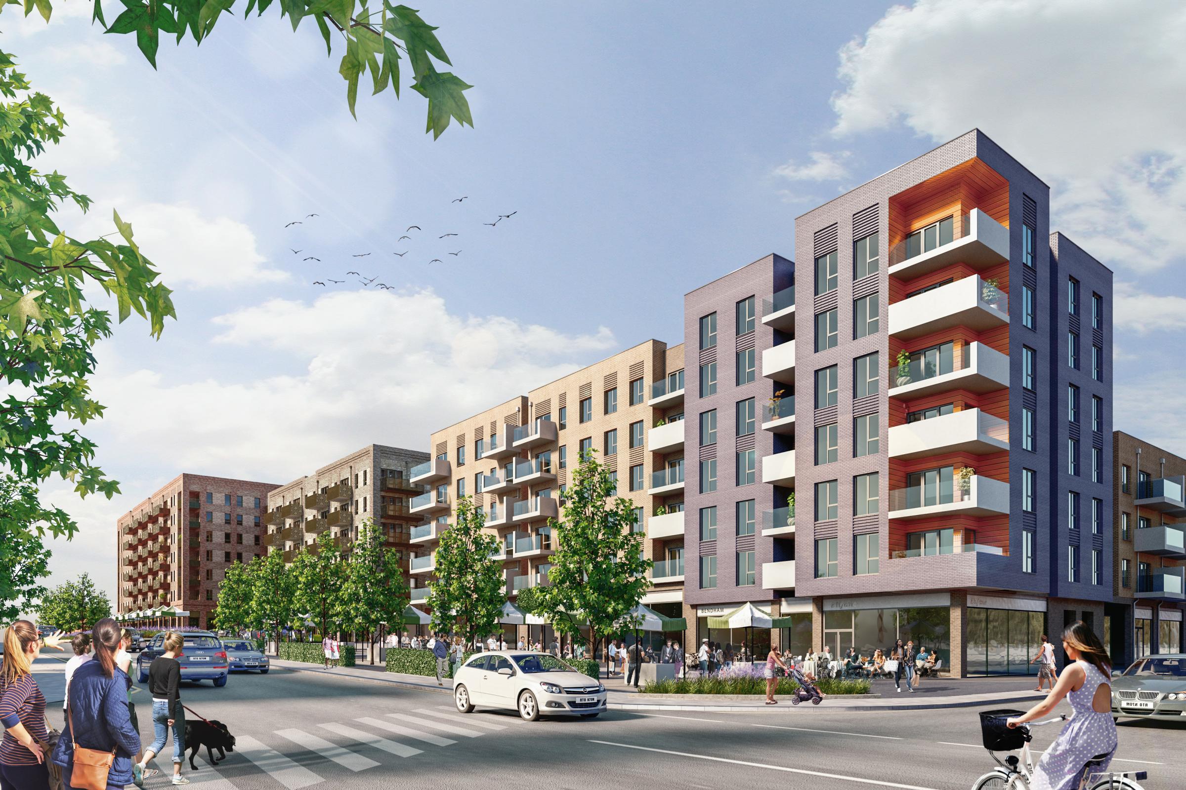 CGI of Phase 3, with shops, including Lidl at ground level and flats above