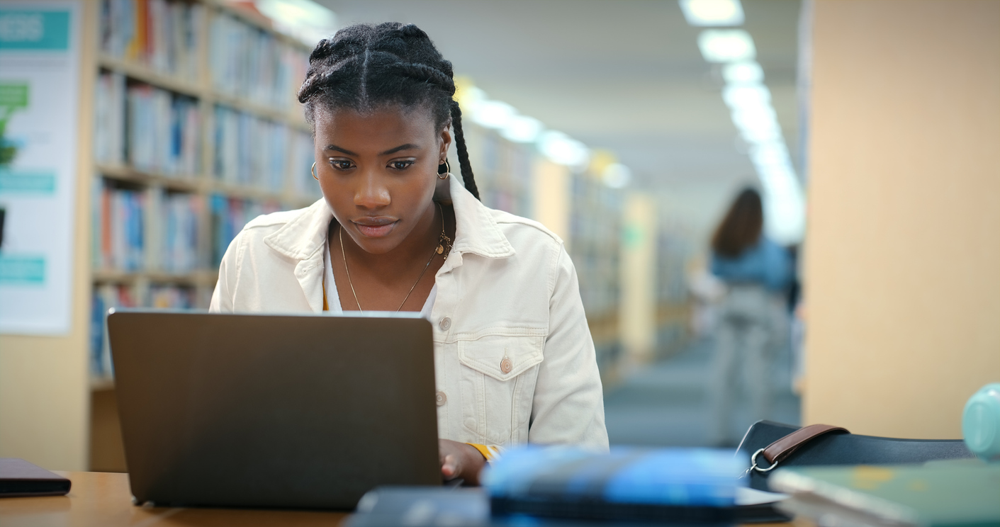 Girl On Laptop In Library, Digital