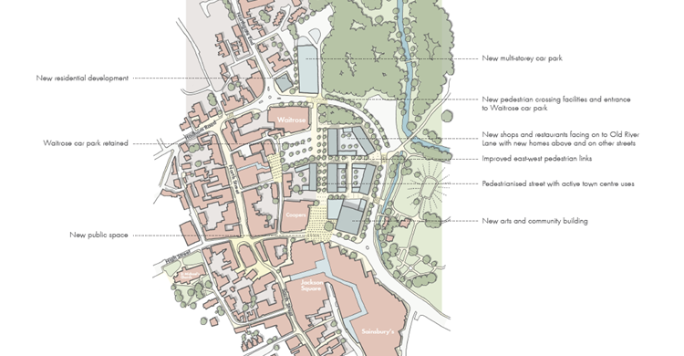 Site map of planned regeneration work at Old River Lane, Bishop's Stortford