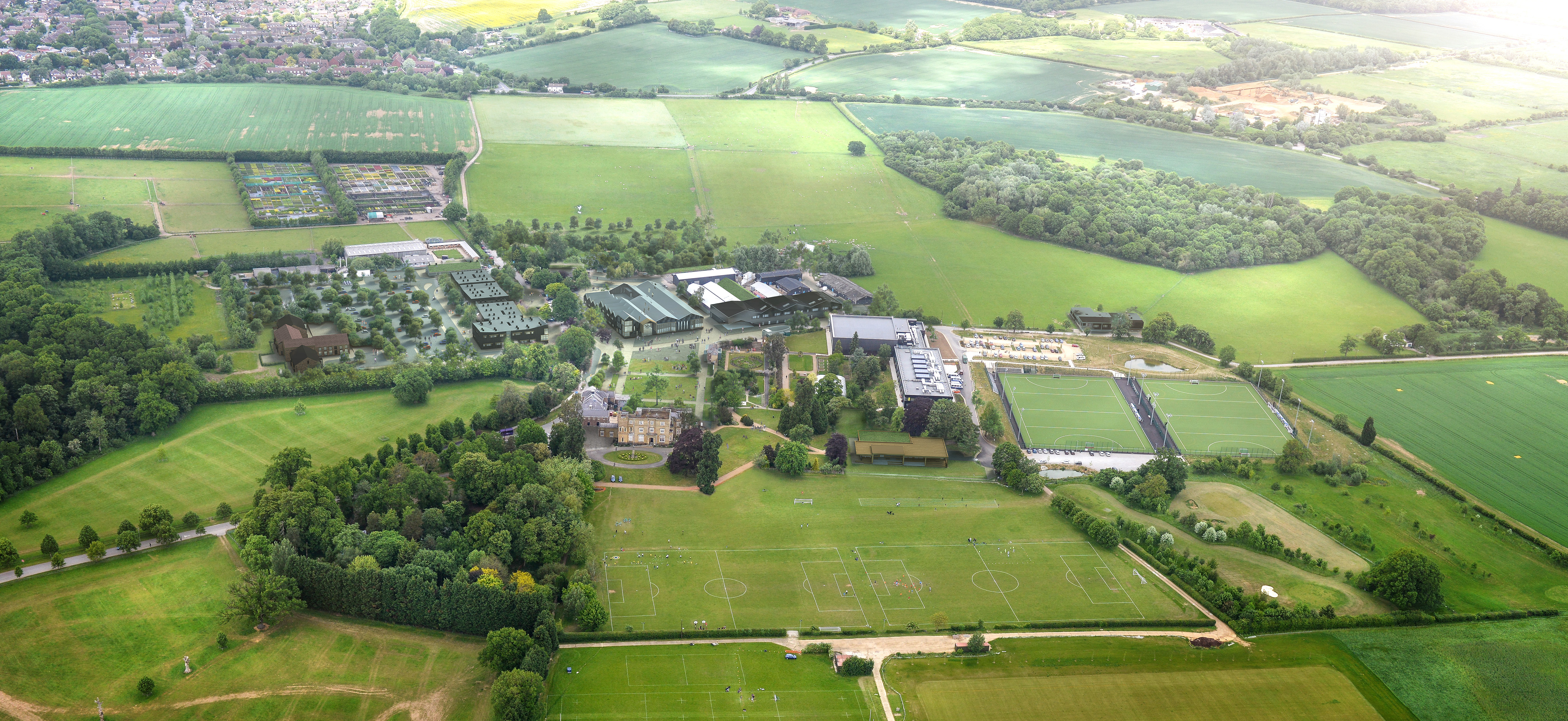 Aerial view of Oaklands College's Smallford campus
